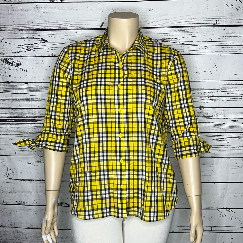 Michael Kors NWT Size P/XL Yellow & Black Plaid Tie Sleeve Button Down Shirt Top